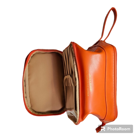 NWOT Abiudeng Makeup/Cosmetic/Travel Leather Orange Bag - Picture 2 of 8
